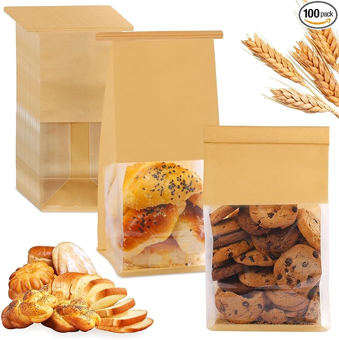 HONKID Bread and Cookie Bags with Seal, 100 Pack 11 x 5.1 x 3.9 Inches Bakery Bags with Window Reusable Tin Tie Tab Lock for Sealed Baked Goods Packaging for Pastry Bagels Breads Treats Cookies Brown by HONKID