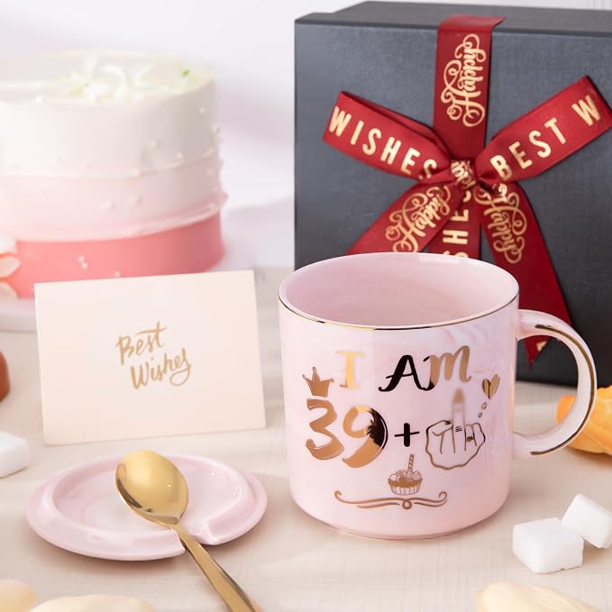 Funny 40th Birthday Gifts for Women, 14oz Pink Mug with 39+1 Hand Design | Marble Ceramic Gold Print Coffee Cup, Greeting Card & Luxury Gift Box, Celebrating Her Fabulous 40th with Humor and Style - Image 6