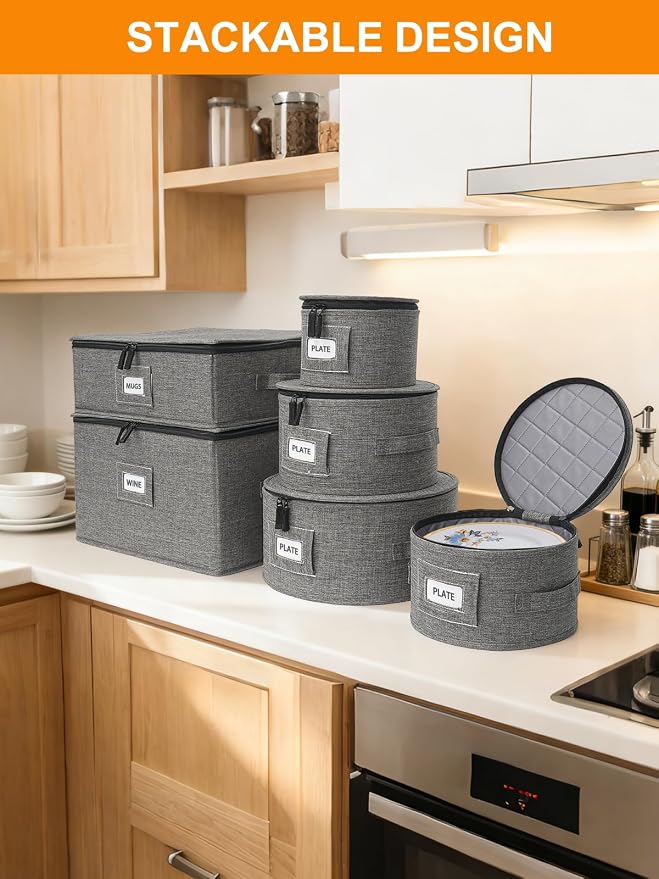 punemi China Storage Containers, 6-Piece Hard Shell Set for Moving Boxes | Mug, cup and wine glass organizers with dividers and carry handles for dinnerware, glassware and stemware, grey - Image 2