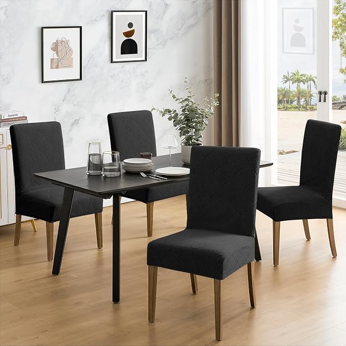 MOSAYT 100% Waterproof Dining Room Chair Covers Set of 4, Super Fit Stretch Jacquard Parson Chairs Slipcovers Removable Washable Chair Seat Protectors for Home, Kitchen, Banquet (Black - XL) - Image 2