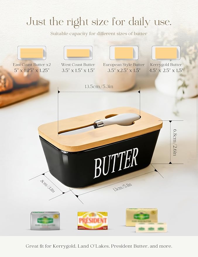 Ceramic Butter Dish with Lid and Knife & Silicone Seal for Countertop Black | Suitable Capacity, Great Sealing, Home Decor Kitchen Gift Housewarming Gift - Image 2
