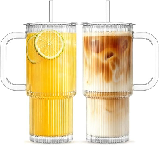 INSETLAN 20oz Ribbed Glass Tumblers with Lids and Handles, 2-Pack Reusable Cups with Glass Straws for Iced Coffee, Smoothies, Matcha, Water, Thick-Walled Drinking Glasses for Daily Use and Travel by INSETLAN