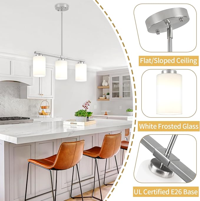 Brushed Nickel Kitchen Island Lighting Modern Dining Room Light Fixtures | 3-Light Linear Chandelier Over Table, 21.25'' Island Lights for Kitchen White Frosted Glass Shades, Adjustable Height - Image 4