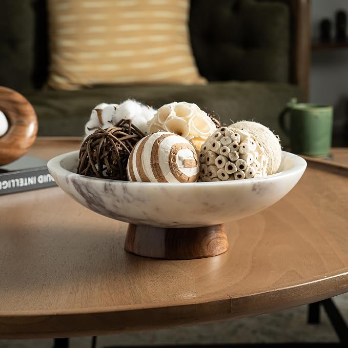 Cork & Mill Marble Decorative Bowl with Acacia Wood Pedestal, 11 Inch | Handcrafted Natural Stone Fruit Bowl for Kitchen, Potpourri, Catch All for Entryway, Dining Table Centerpiece Decor - Image 2