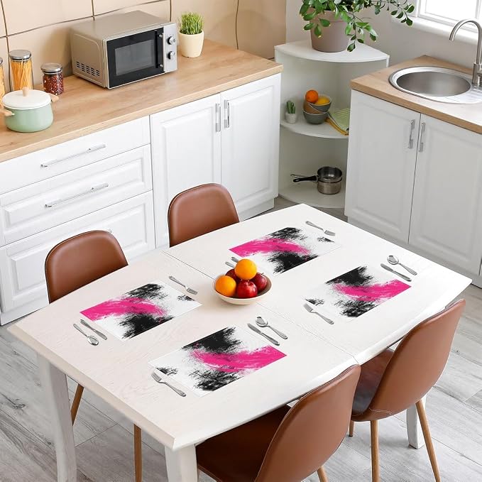 Feelyou Hot Pink White Black Placemats Set of 4 18"x12" Kids Abstract Placemat for Kitchen Dining Table Decor Indoor Outdoor for Boys Geometric Table Place Mats, Modern Art Luxury - Image 3