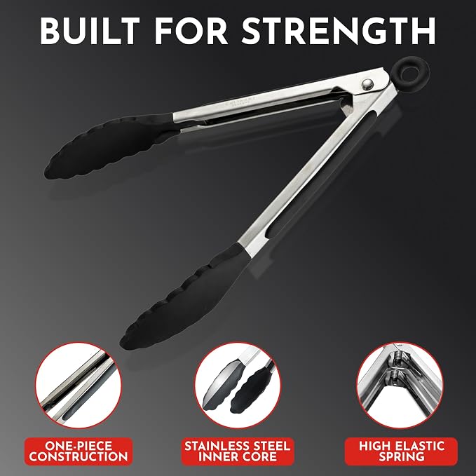 Kitchen Tongs - 12, 9 & 7 Inch Locking Silicone Tongs for Cooking, Set of 3 | Black Tongs with Silicone Tips, Heat Resistant Tongs for Grilling, Serving, Mixing - Image 4