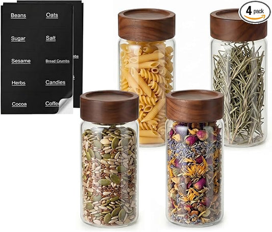 4 Pack 13 oz Glass Spice Jars with Airtight Wood Lids - 15cm Tall Small Storage Food Containers with Labels for Pantry Organization, Herb, Seasoning, Sugar, Coffee Bean, Tea by Kalnsa
