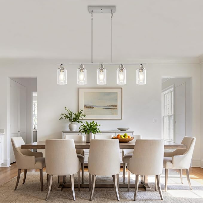Brushed Nickel Linear Chandelier Over Table, Dining Room Light Fixtures | 5-Light Kitchen Island Lighting, 37'' Modern Island Lights for Kitchen with Clear Glass Shade, Adjustable Height - Image 8