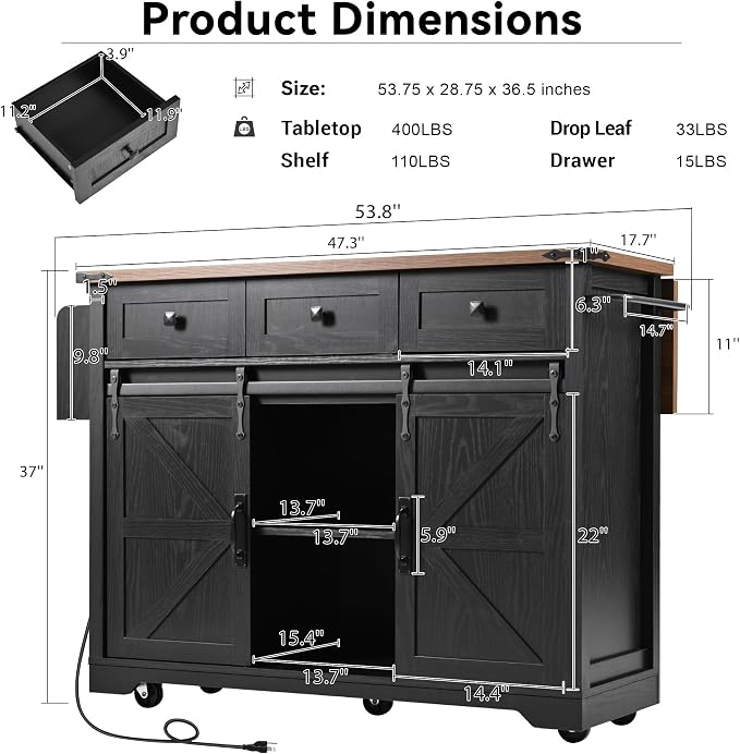 Farmhouse Kitchen Island on Wheels with Drop Leaf & Power Outlet, 53.7-Inch Rolling Storage Island Cart Breakfast Bar with Drawers, Sliding Barn Door Cabinets, Spice Rack (Black) - Image 2