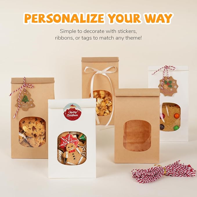 100 Pack Bakery Bags with Window, 3.9x2.3x8 Inches Tin Tie Tab Paper Cookie Bags White Small Gift Bag for Packaging Popcorn, Trail Mix, Treats, Snacks, Baked Goods, Party Favors | Grease Resistant - Image 7