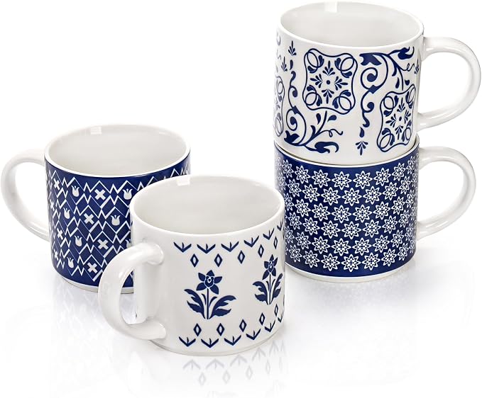 Eorbow 4 Pack Ceramic Coffee Mug Set with Rack, 16 OZ Stackable Cappuccino Cups with Metal Stand, Blue and White Porcelain Tea Mugs for Latte, Americano, Milk, Hot Cocoa, Beverages, Microwave Safe - Image 3