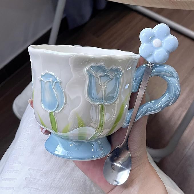 DTIUYIOP-Ceramic Coffee Mug 14oz/410ml Blue Cute Flower with Spoon | a funky coffee mug, Novelty Cute Ceramic,Lead-Free Gloss Glazed,DrinkingCup, Ideal Gift for Birthday Holiday - Image 3