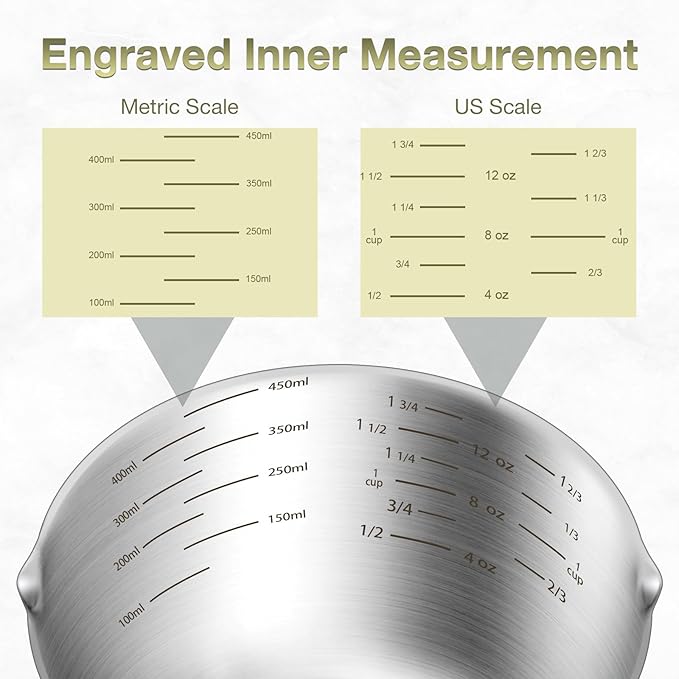 2PCS Stainless Steel Measuring Cup Set, Includes 2Cup(480ml, 16oz) and 1Cup (240ml, 8oz), Etched Inner Scale Measure Scoop, Metric and US Measurement, Dishwasher Safe
