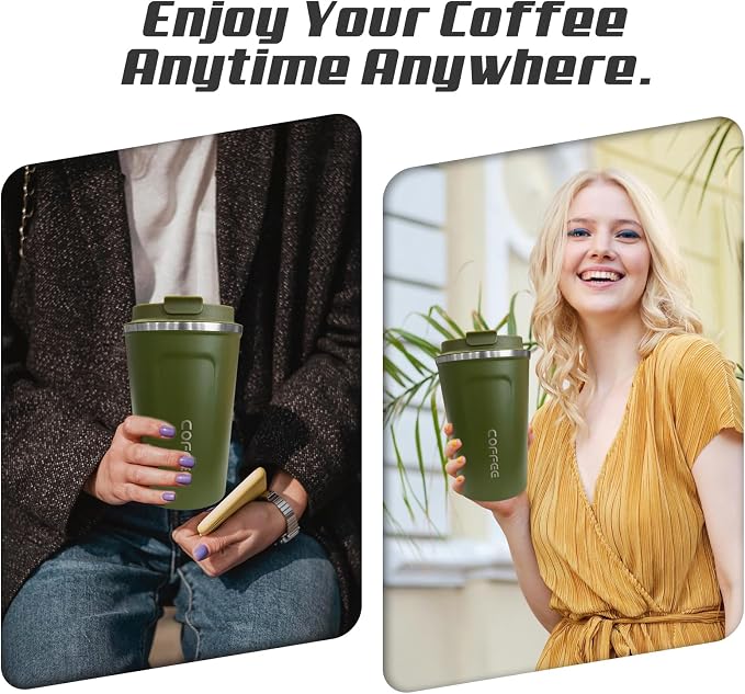 SPLMIFA Travel coffee mugs leak-proof, reusable coffee cups with lids, stainless steel vacuum insulated coffee tumblers, thermal insulation cups for men & women keep drinks hot & cold(2nd-Green, 12OZ) - Image 6