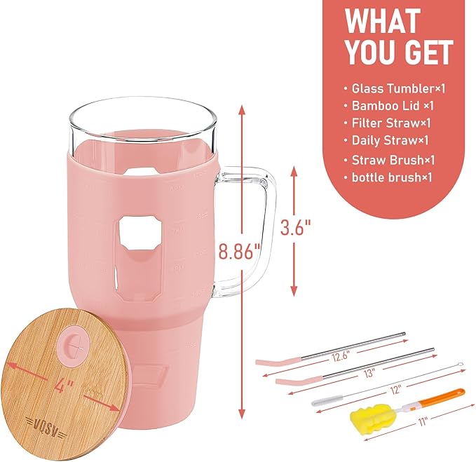 Glass Cups with Handle and Bamboo Lids - 40oz Tumbler with Stainless Steel Straw | Glass Water Bottle with Silicone Sleeve for Coffee, Smoothi, Hot/Cold Drinks for Travel, Office, Home (Pink)