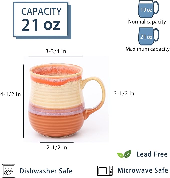 21 oz Large Ceramic Coffee Mugs, Handmade Tea Cups with Handle | Pottery Mug Handmade for Office and Home, for Men and Women, Dishwasher and Microwave Safe, Great Gift, Orange - Image 2