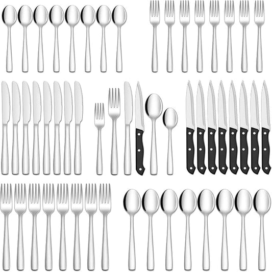 HIWARE 48-Piece Silverware Set with Steak Knives for 8, 18/8 Stainless Steel Flatware Cutlery Set For Home Kitchen Restaurant Hotel, Kitchen Utensils Set, Mirror Polished, Dishwasher Safe by HIWARE
