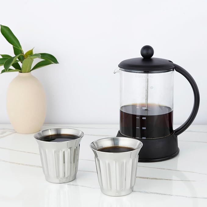 Easyworkz Stainless Steel Espresso Cup 2pcs Set Double Wall Insulated Metal Demitasse Cups (Chrome, 5 oz/Striped)