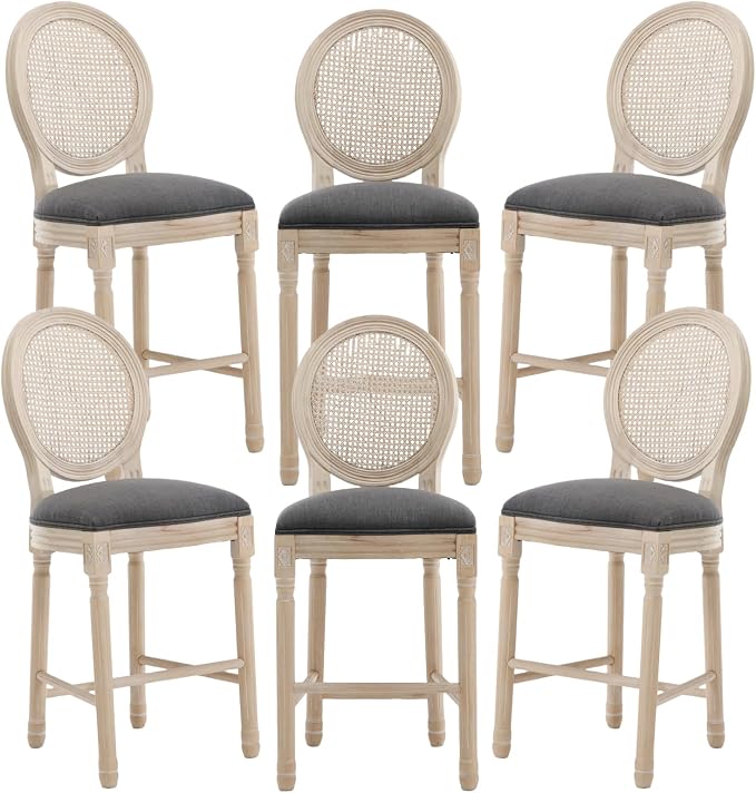 French Country Barstool, Linen Farmhouse Counter Height Chair | Set of 6, with Rattan Round Back and Solid Wood Legs, Oval Chairs for Restaurant, Bar, Kitchen, Café, Dark Grey by RCDDFurniture