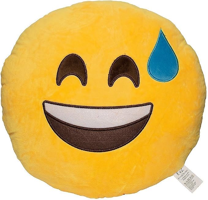 EvZ Official Certified Smile with Sweat Plush Pillow - 32cm Large Soft Grinning Face Emoticon Cushion - Funny Relatable Decorative Stuffed Toy for Office, Stress Relief & Gag Gift (Yellow) by EvZ