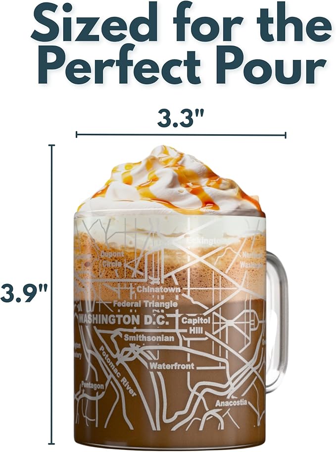 Greenline Goods – Washington, DC Map Glass Coffee Mugs (Set of 2), 16 oz – Etched Wrap Design