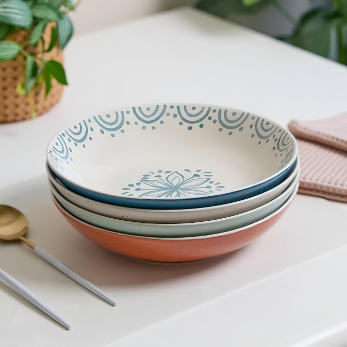 Sango 4-Piece Speckled Stoneware Pasta Bowl Set- Wide Shallow Dinner Bowls with Hand-Painted Rustic Design, Farmhouse Glossy Large Ceramic Bowls for Pasta, Salad & Everyday Meal, Siterra Glazed Garden - Image 5
