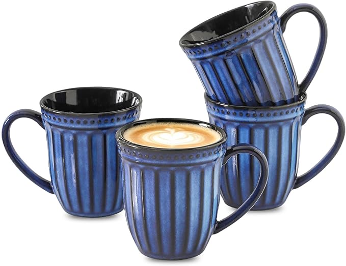 Coffee Mugs Set of 4, 16oz Navy Blue Ceramic Coffee Mug with Embossed Ribbed, Farmhouse Tea Cup Set for Latte, Cappuccino, Milk, Large Handle, Suitable for Office Home Restaurant Housewarming Gift by Tikooere