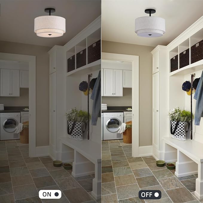 Vexagyle 12.6inch Flush Mount Ceiling Light Fixture,3-Light Modern Close to Ceiling Light with 2-Layer Linen Fabric Shade,Farmhouse Drum Ceiling Mount Lamp for Bedroom Hallway Living Room - Image 4