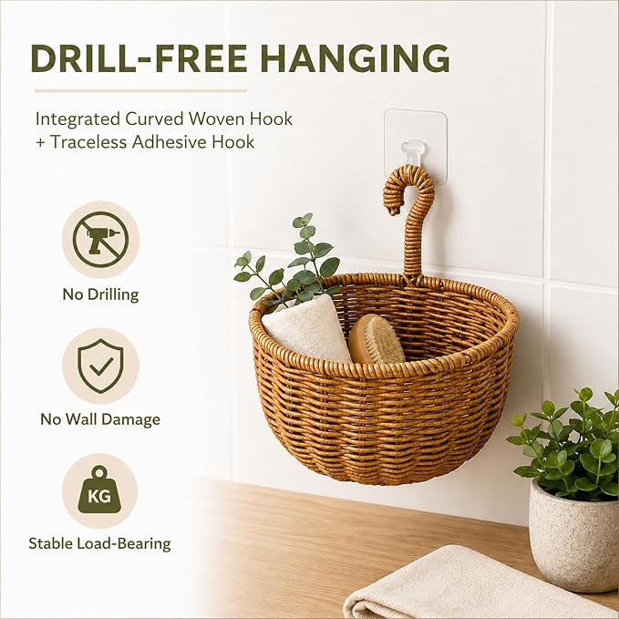 2 Pack Hanging Wall Storage Basket, Woven Rattan Organizer，COFFEE BROWN | Rustic Hand woven wall organizer with hook for kitchen, bathroom and entryway storage, Space-saving decor for modern homes - Image 2