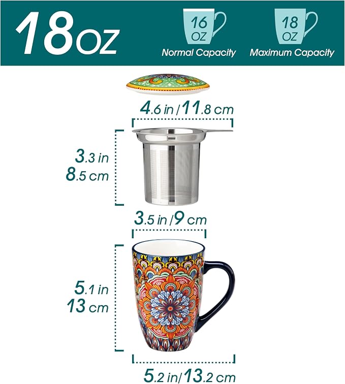 vancasso Ceramic Tea Mug with Infuser and Lid, 18 Ounce Bohemian Loose Leaf Cup, Microwave & Dishwasher Safe, Perfect for Tea, Coffee, Burnt-Cobalt Mandala - Image 2