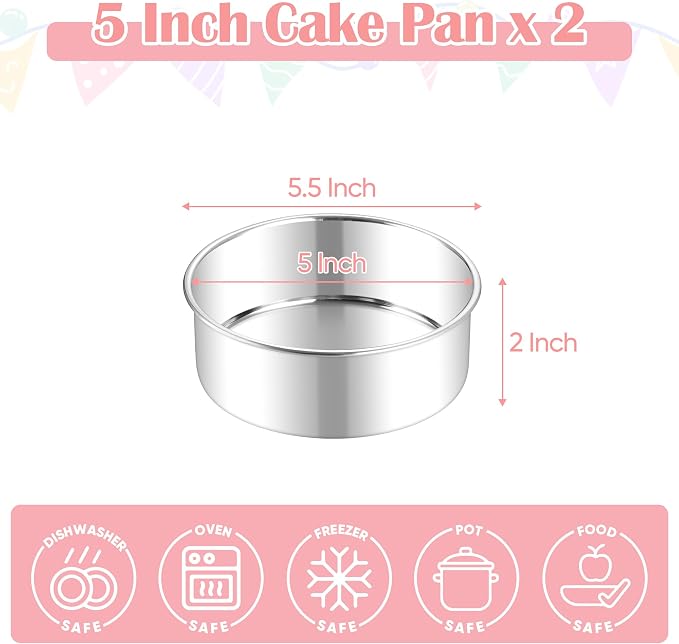 E-far Small Cake Pans Set of 2, 5 Inch Stainless Steel Mini Round Baking Pan Tins - Non-Toxic & Leak-Proof Cake Mold for Smash Birthday Layer Tiered Cheesecake, Easy Clean & Dishwasher Safe - Image 2