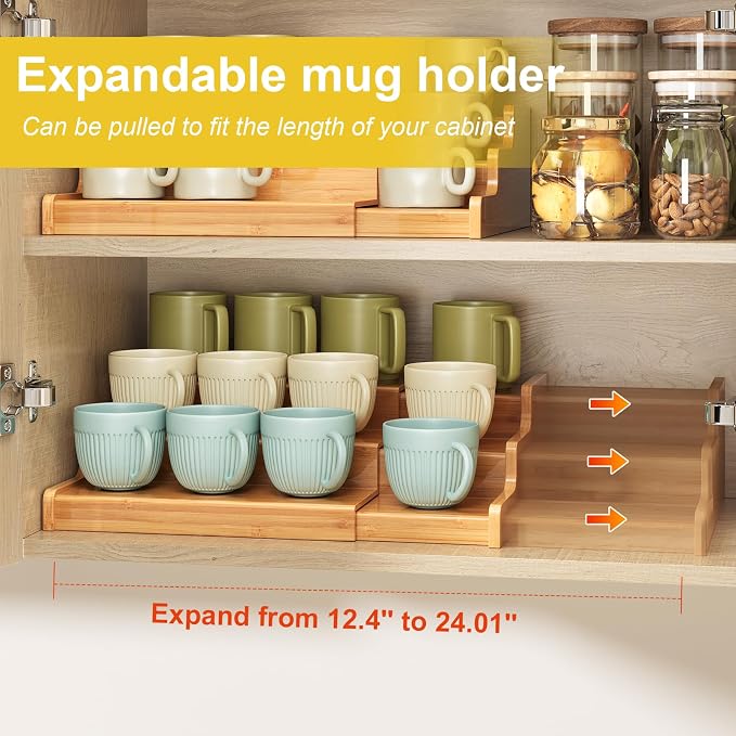 Hongtamoya 3-Tier Expandable Bamboo Mug Holder For Countertop Coffee Cup Holder Display Mug Organizer Mug Rack for Coffee Bar Organizer Mug Shelf for Cabinet for Kitchen, Home - Image 3