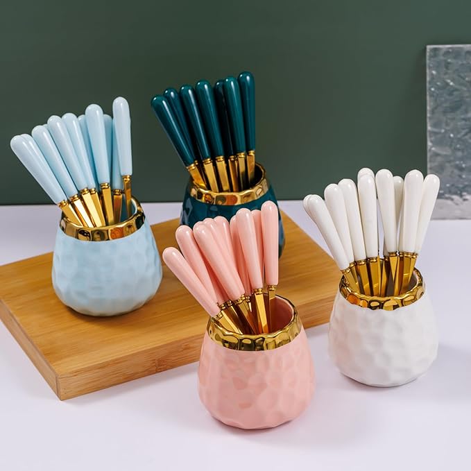 Dessert Fork Set,Ceramic Jar with 8 Small Forks for Fruit,Salad,Appetizer,Cake,Flatware Set (Pink jar+8 forks)