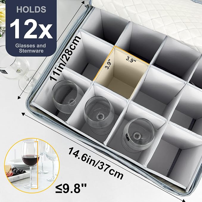 Wine Glass and Mug Storage Box with Dividers - 2 Pack China Storage Containers Set Holds 24 Glassware , Stemware，Coffee Mug and Tea Cup, Organizer Bin with Sturdy Metal Zipper,Label and Handles (Grey) - Image 2