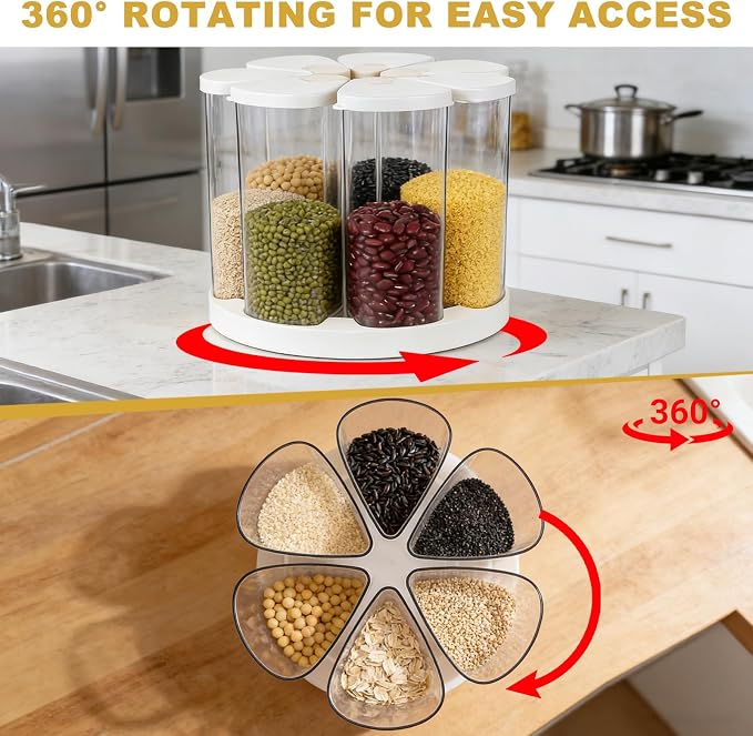 5-10 lbs Rice Dispenser 6 Grids 360° Rotating Cereal Dispenser Countertop BPA-Free PET Grain and Rice Storage Container with Lids Dry Food Dispenser Grain Canister Sets for Oats Flour Corn Flakes - Image 4