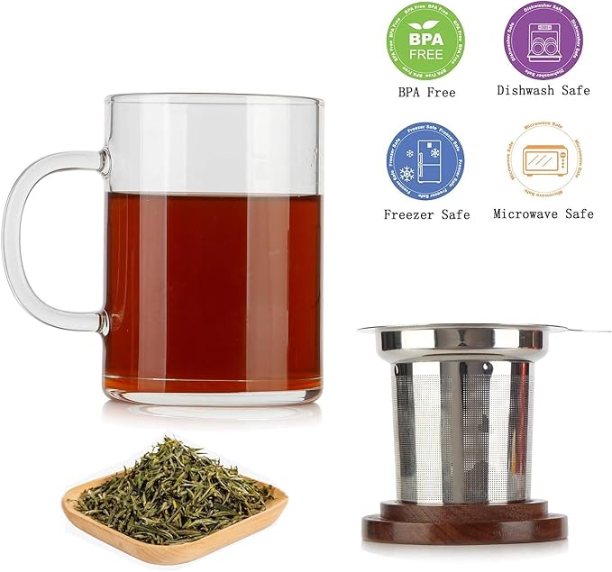 COMI Tea Cup with Infuser Walnut Lid&Handle, Glass Tea Cups with Wide Mouth Extra Large Capacity, Stainless Steel Tea Infuser Mug for Loose Leaf Tea Steeping(2PCS,14oz/400ml)