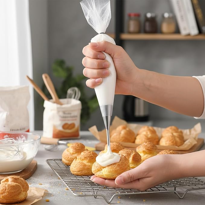 3Pcs Puff Cream Filling Piping Tips with 50 Pcs Disposable Piping Bags Stainless Steel Piping Nozzle Tips with 1 Tip Cleaning Brush Puff Pastry Filling Cake Decorating Tools for Filling Donuts Cream