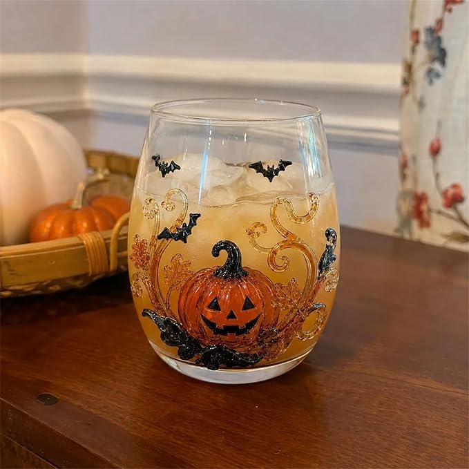 3D Halloween Artisan Glassware Collection, Premium Handleless Glass with Ghost, Pumpkin, Spider & Black Cat Gothic Style Artistic Glass Wine Goblet Designs, for Party & Cozy Fall Home Bar (#A) - Image 2