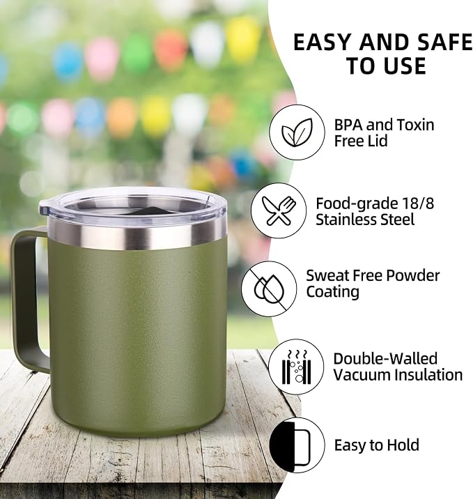 Volhoply 14oz Insulated Stainless Steel Coffee Mug with Leakproof Lid,Double Wall Vacuum Travel Coffee Cup with Handle,Reusable Cups Tumbler,Camping Mugs Keep Hot,Ideal Gifts(Army Green,1) - Image 4