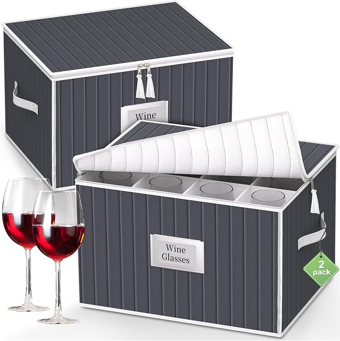Wine Glass Storage Box, Glassware Storage Containers w/Hard Shell Side Bottom Support & Padded Dividers, Stackable Stemware Storage Case for 24 China Crystal Glasses Drinkware, Moving Supplies by VERONLY