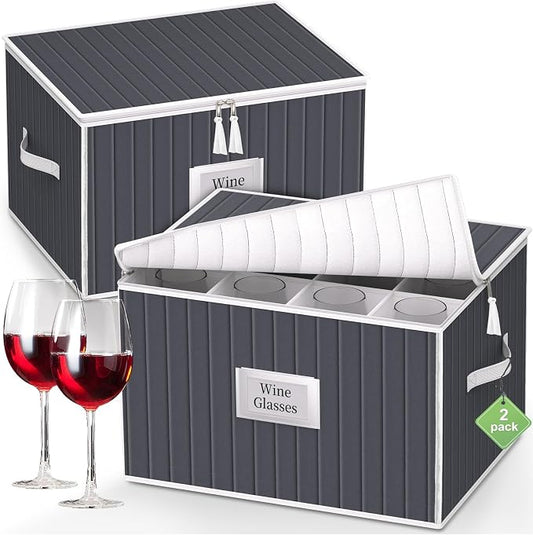 Wine Glass Storage Box, Glassware Storage Containers w/Hard Shell Side Bottom Support & Padded Dividers, Stackable Stemware Storage Case for 24 China Crystal Glasses Drinkware, Moving Supplies by VERONLY