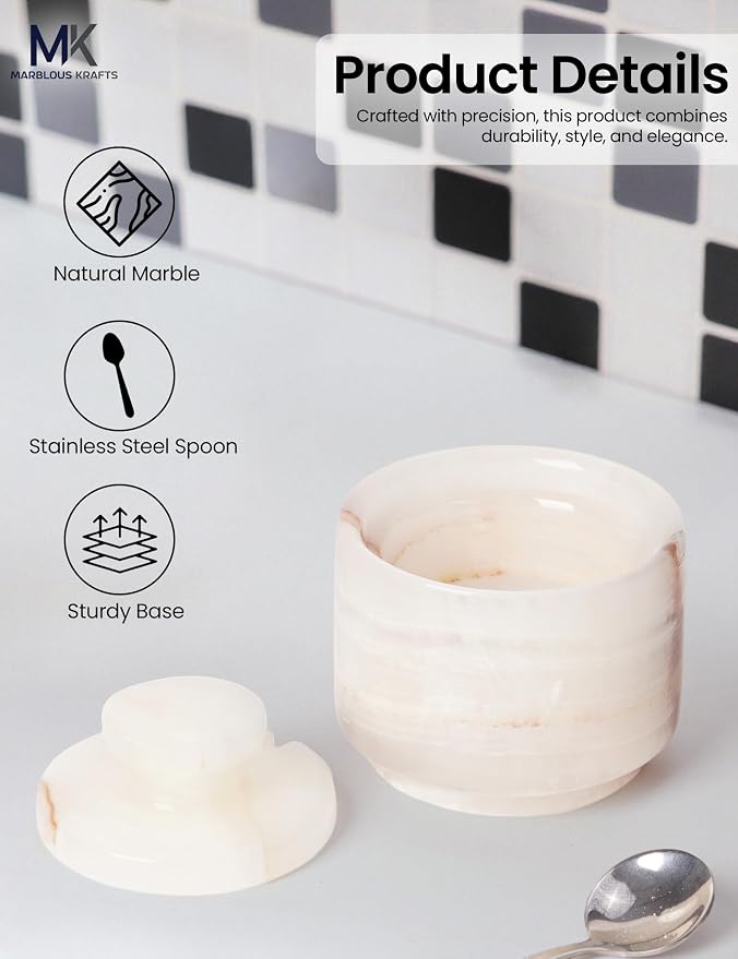 Salt Cellar with Lid and Spoon 3" Inch White Onyx Salt and Pepper Dish, Marble Sugar and Salt Bowls, Ideal for Easter Table Decor and Kitchen Countertop Storage - Image 5