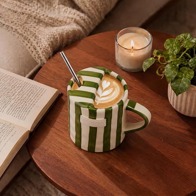1 Pack Ceramic Coffee Mug with Sip Hole Espresso Cup 10oz with Straws Retro Hand Painted Striped Ceramic Iced Coffee Tea Travel Mug Latte Cup for Kitchen Dining (Handle,Green) - Image 6