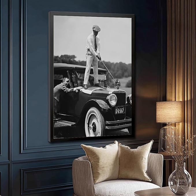 UXCBIA Vintage Golfer Teeing on Car, Black And White, Sports Bar Wall Decor, Funny for Men Poster Canvas Poster Bedroom Decor Sports Landscape Office Room Decor Gift Black Frame 16x24in(40x60cm) - Image 3