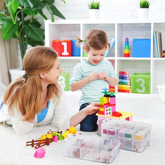 3-Tier Stackable Storage Container Box, Clear Adjustable Empty Plastic Nail Art Organizer Box with Handle & Lids, Fake Nail Organizers with 30 Compartment for Crafts, Art Supply Tool Accessory