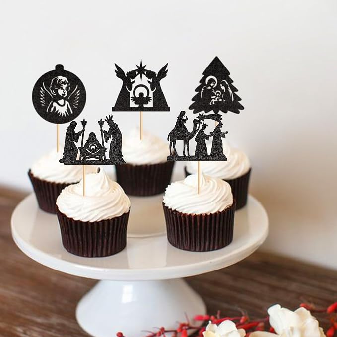 25Pcs Religious Baby Cupcake Toppers Black Glitter Christmas Cake Picks for Christian Baby Shower Birthday Party Cake Decorations - Image 3