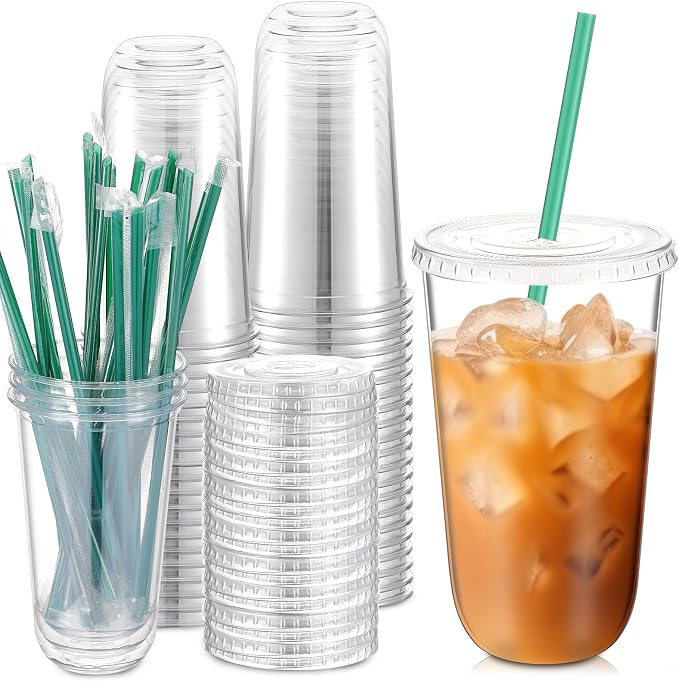 Baderke 25 Set Plastic Cups with Lids and Straws, Disposable Plastic Iced Coffee Cup for Cold Beverage Juice Smoothie Crystal for Coffee Shops Party Catering(Clear,18 oz) by Baderke