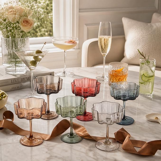 Flower Scalloped Vintage Wavy Petals Wave Glass Coupes 7oz Colorful Martini, Champagne & Cocktails, 6 Set Muted Pastel Shades Rippled Champagne Glasses, Elegant Bar Glassware, Aesthetic Cute Coupe - Image 6