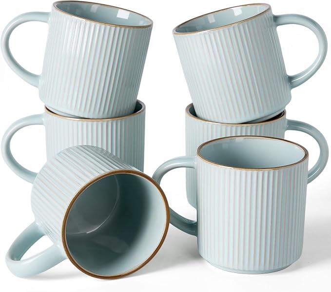 famiware Star Coffee Mug Set for 6, Handcrafted 12 oz Ceramic Stoneware Mugs Cup Set, Chip-Resistant & Stackable, Dishwasher/Microwave Safe, Light Blue by Famiware