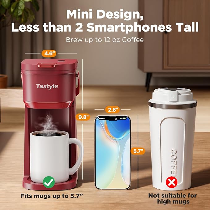 Tastyle Mini Single Serve Coffee Maker for K Cups and Grounds with Handle | for Travel, Camping, Office, RV and Dorm, Portable Handle, 120V, 6 to 12 Oz Brew Size, BPA Free, K302, Vintage Red - Image 3